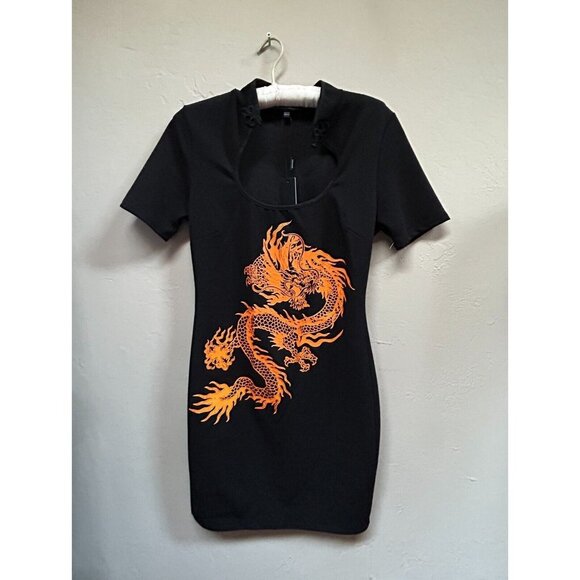 Fashion Nova Dresses & Skirts - Fashion Nova Women's Mini Bodycon Dress Large Puff Of Fire Dragon Cutout Black